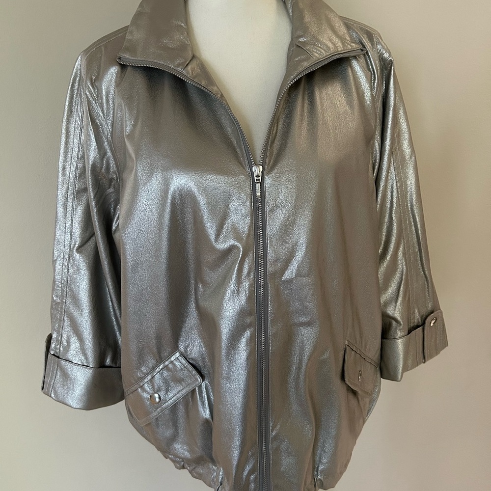 Sharon Young Faux Leather Metallic Silver Bomber Jacket - Picture 2 of 10
